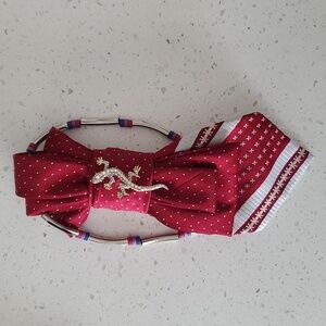 Burgundy Polka-Accent Necktie Necklace with Gold Lizard Brooch